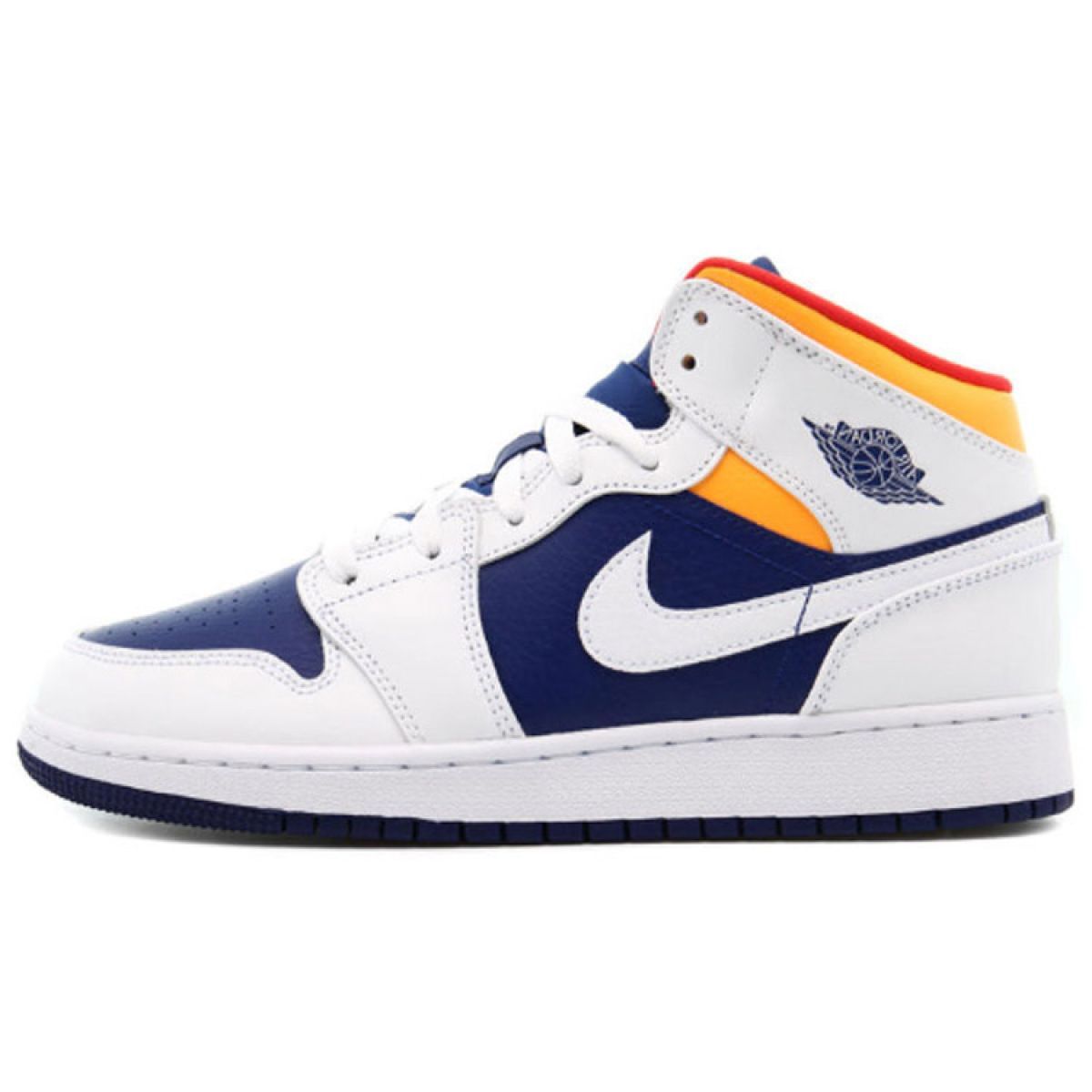 Подростковые кроссовки Jordan 1 Mid White/Laser Orange/Deep Royal Blue GS