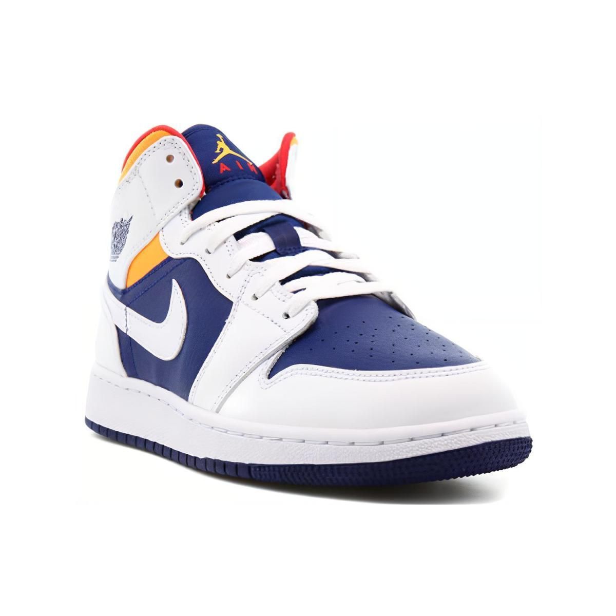 Подростковые кроссовки Jordan 1 Mid White/Laser Orange/Deep Royal Blue GS